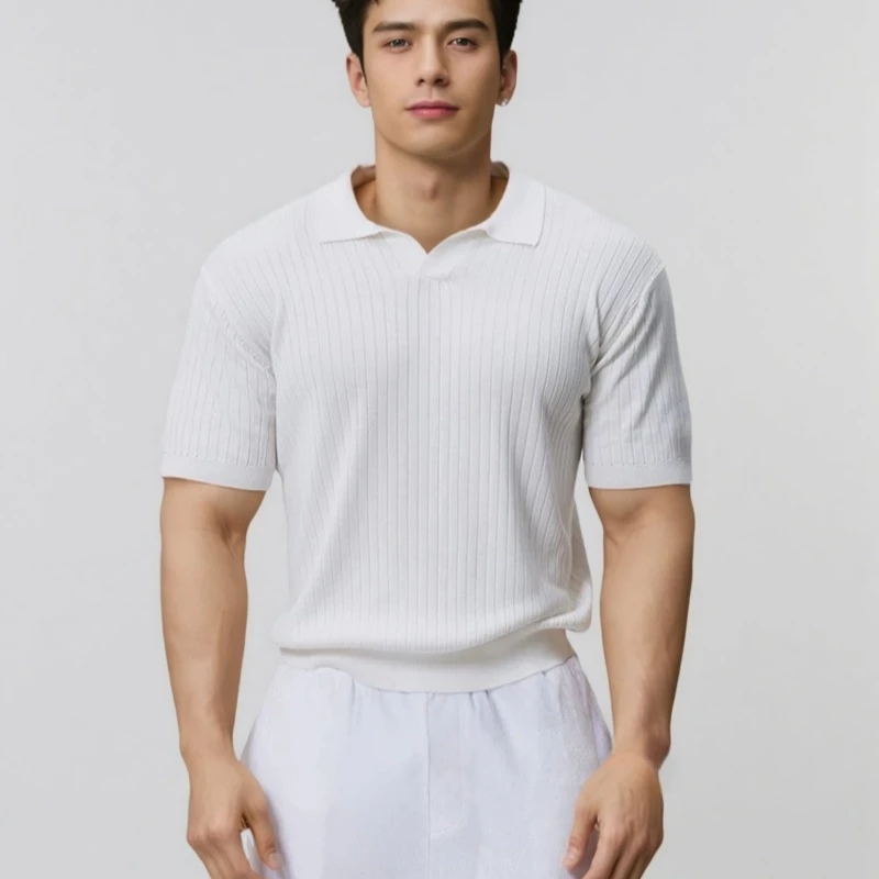 网红同款高弹针织条纹POLO衫短袖翻领上衣时尚百搭运动健身短袖男