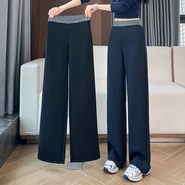 秋冬加绒加厚窄版阔腿裤女直筒休闲九分拼接撞色宽松香蕉运动卫裤