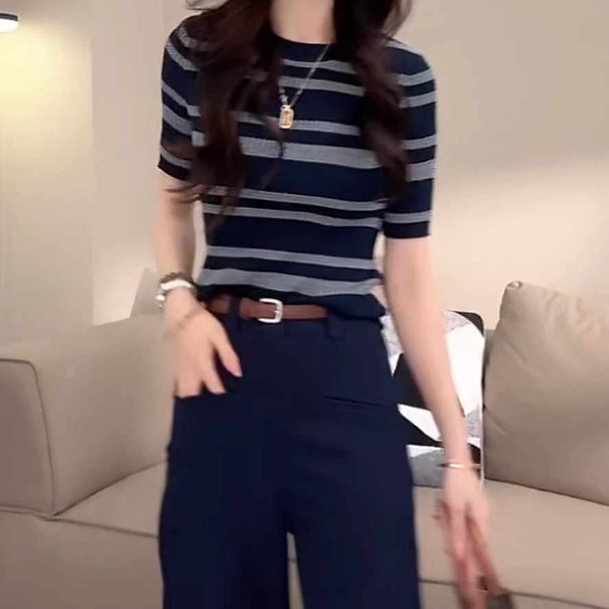 韩版气质时尚短袖2025春夏新款休闲百搭条纹撞色圆领针织上衣