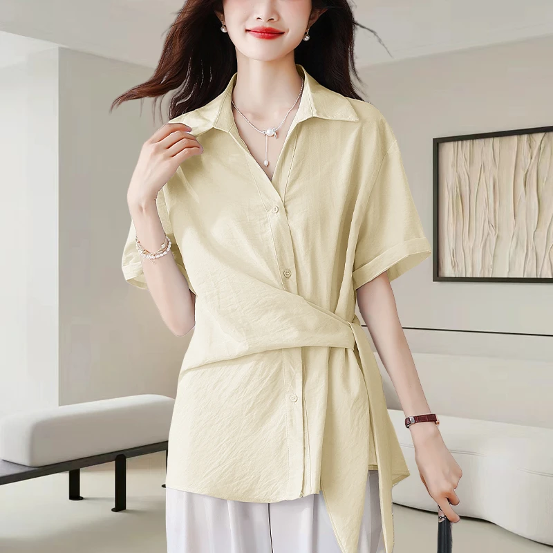 设计感翻领系带短袖衬衫女2025夏季新款时尚收腰显瘦休闲百搭上衣