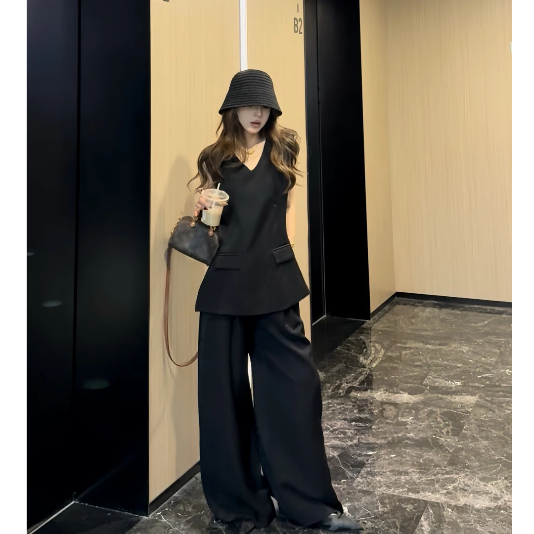 天丝醋酸夏季薄款套装无袖背心上衣阔腿拖地长裤气质高级感两件套