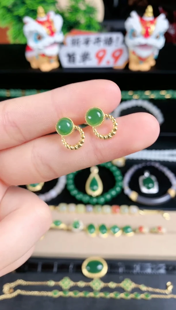 银S925镶嵌和田玉耳饰1