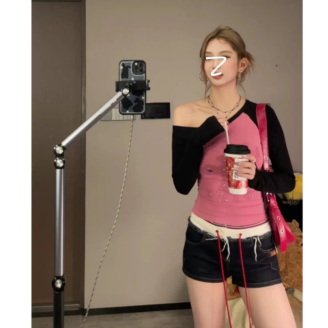 韩系辣妹设计性感撞色烫钻露肩T恤女春季时尚修身材显瘦长袖上衣