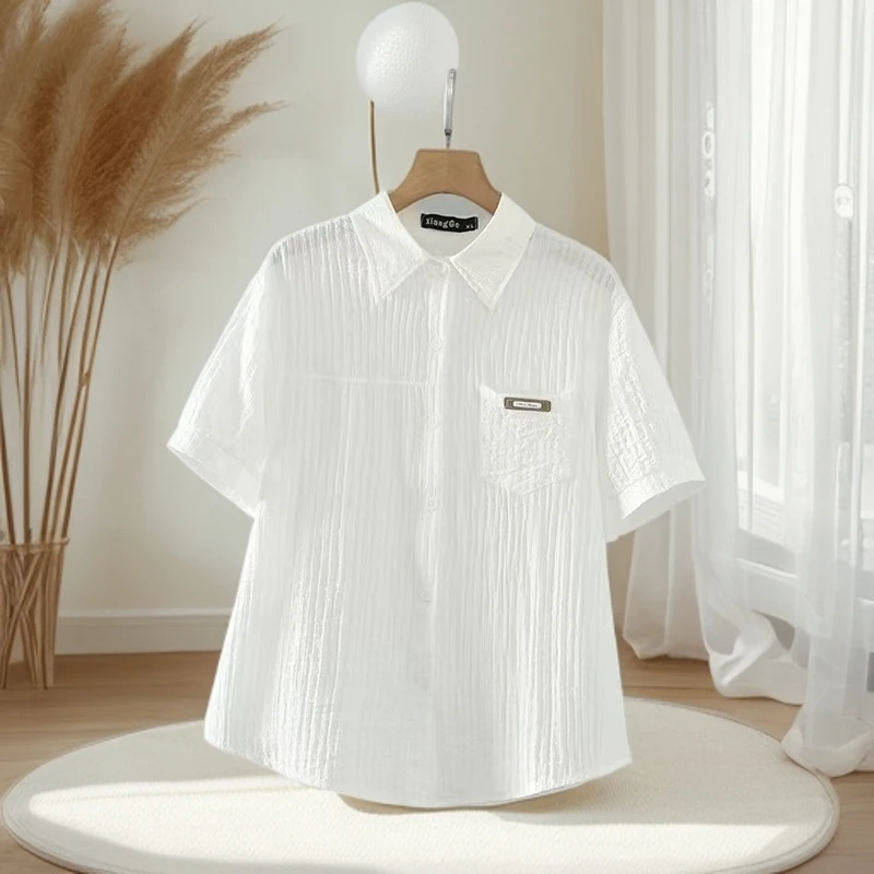 7520夏装女装新款褶皱上衣女口袋订标气质短袖衬衫