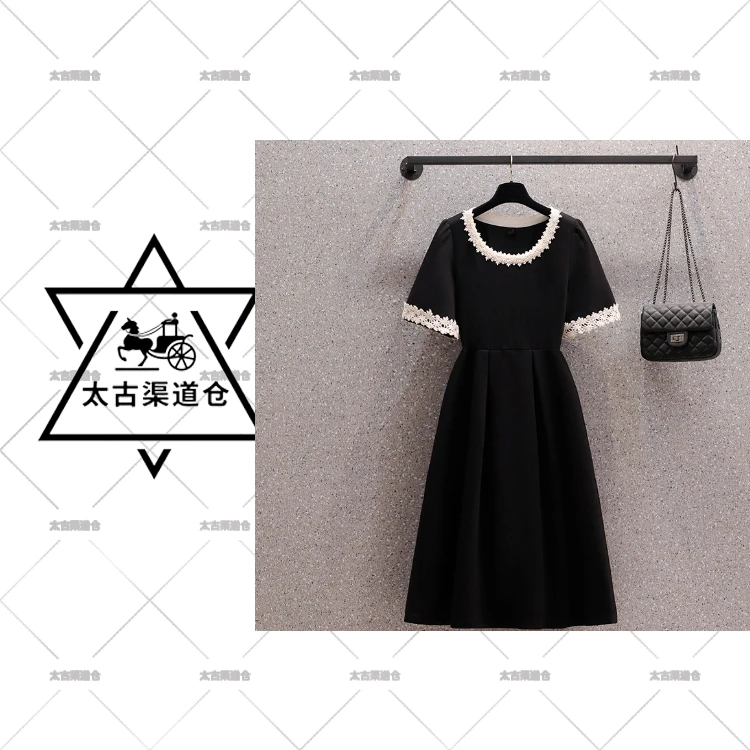 【太古仓渠道】法式气质夏季短袖黑色连衣裙遮肚高级感小黑裙子6845