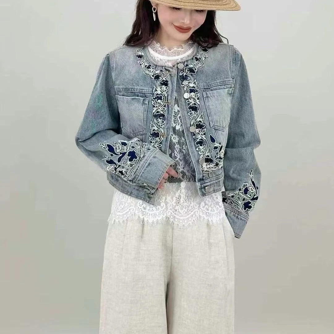 DT.dong圆领宽松拼色牛仔短外套