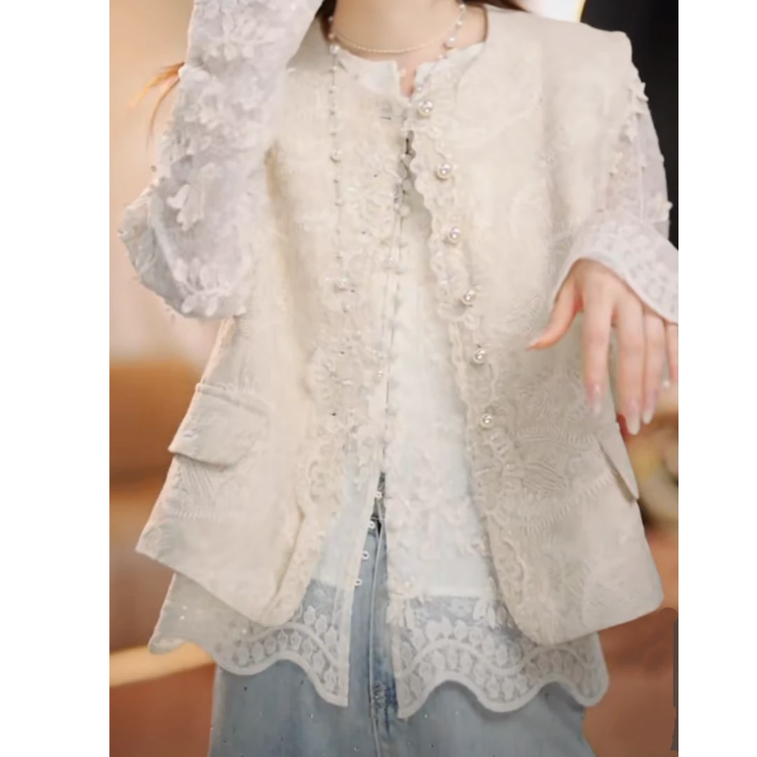 圆领亚麻蕾丝花边法式浪漫马夹女2025春款设计感时尚重工无袖上衣