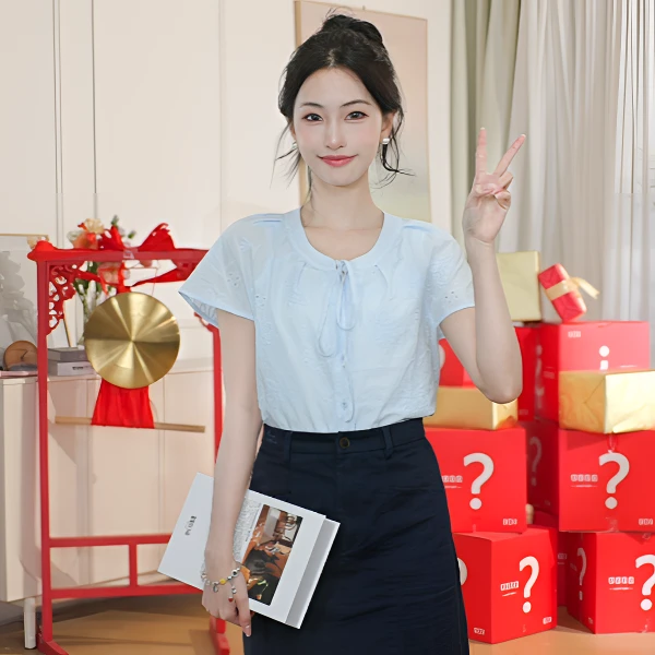 【618抢先购】茵曼夏季圆领镂空薄款衬衫时尚百搭宽松短袖衬衣