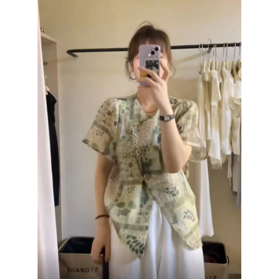 提花斜襟夏季上衣衬衣薄款常规小衫8356