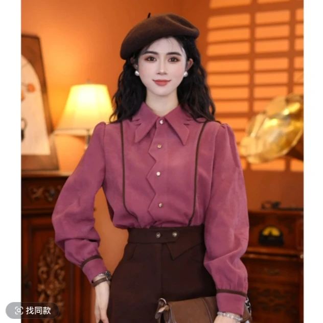 2024秋冬新款加厚气质简约优雅长袖设计感衬衫上衣-3183