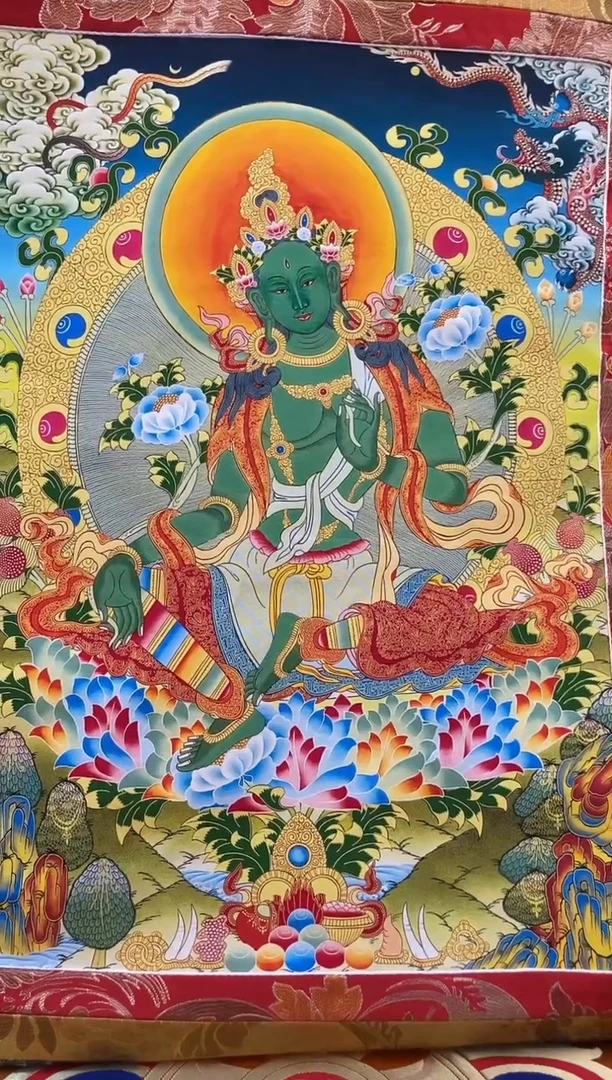 【闪购商品】卷轴画矿物质喷绘  绿度母1.3m咖色龙布