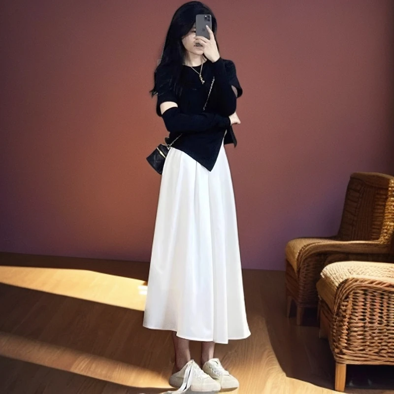 气质高腰法式小众设计感小个子不规则针织长袖秋季洋气长裙两件套