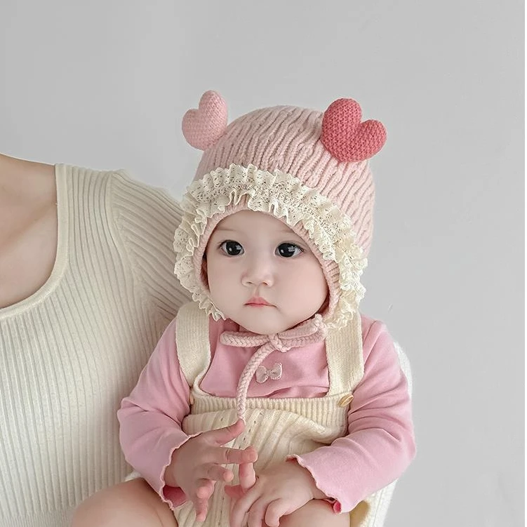 韩版爱心婴幼儿帽子秋冬季保暖加厚针织护耳帽女宝宝小月龄毛线帽