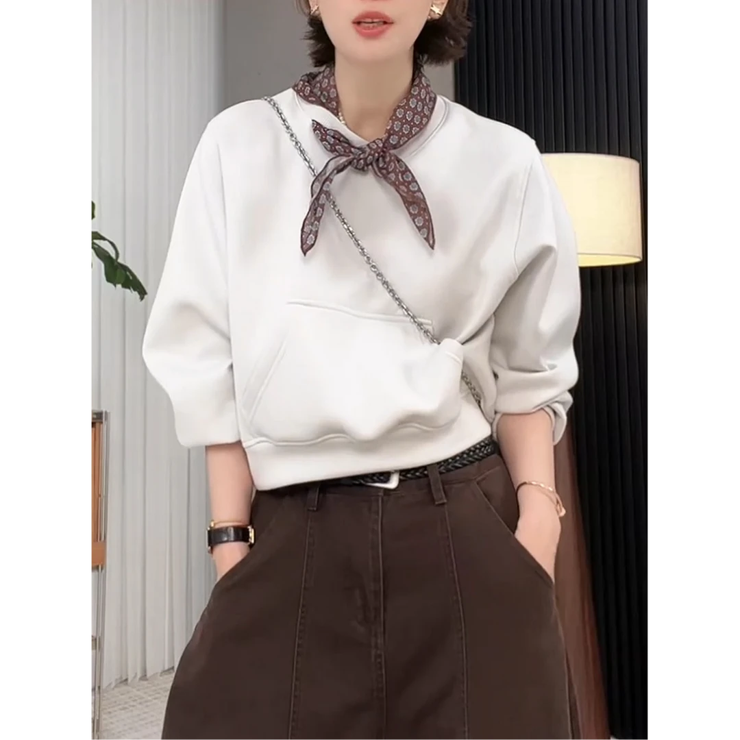 米灰色长袖卫衣外套女2025年秋冬新款韩系设计感百搭宽松短款上衣