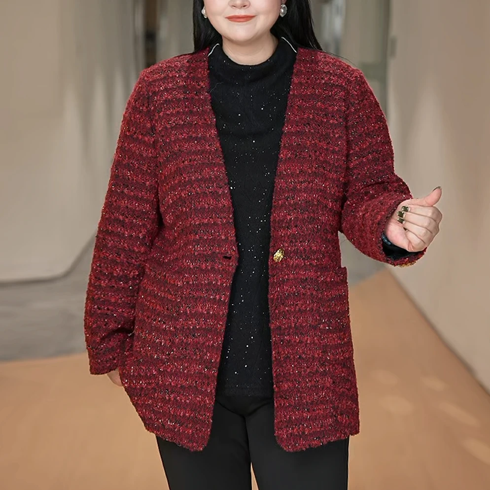 【亮丝粗花呢】MsShe大码女装冬装小香风夹棉加厚棉服B2512029