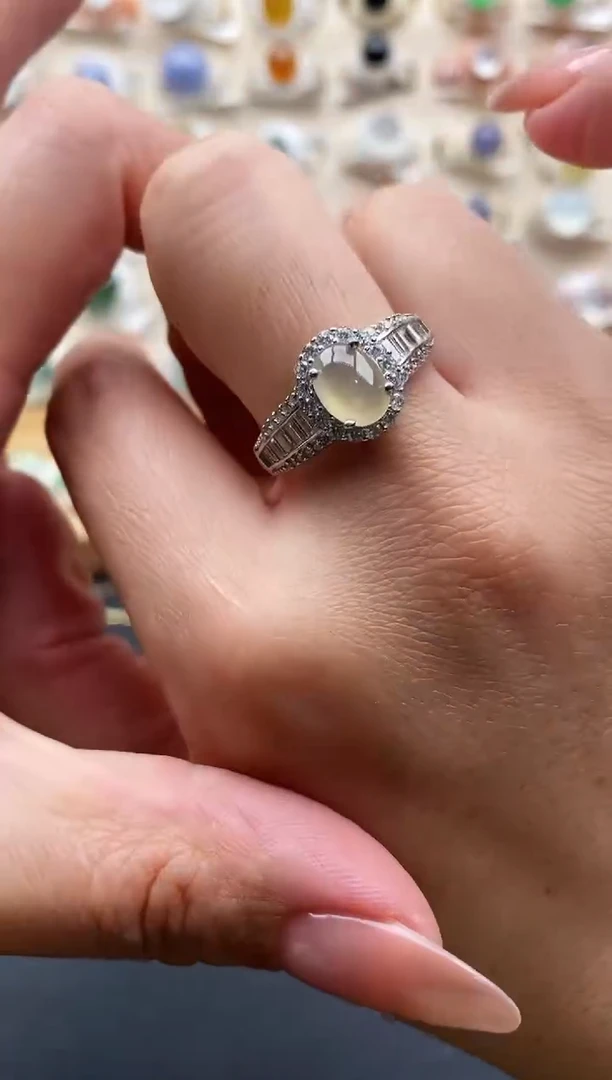 银S925镶嵌戒指翡翠缅甸天然A货翡翠1 7-6