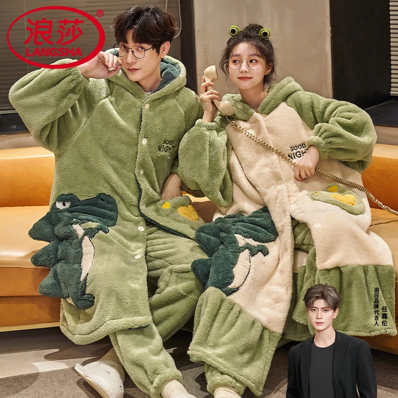 浪莎情侣睡衣冬珊瑚绒加绒加厚大码睡袍毛绒法兰绒可爱家居服套装