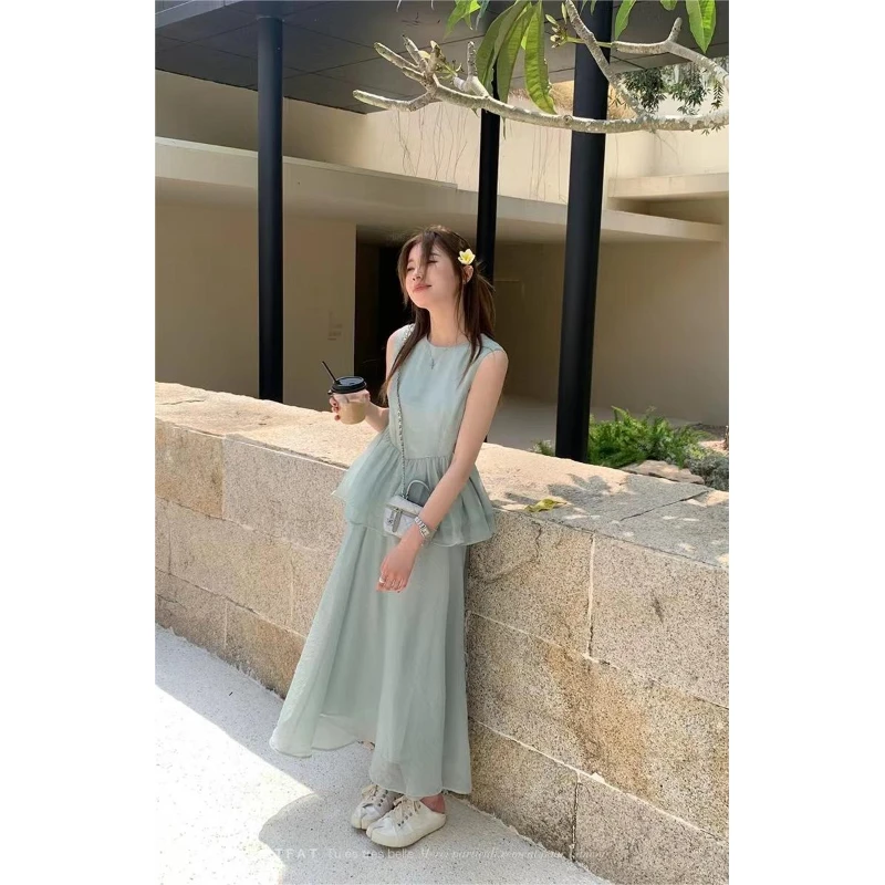 Y2XA29-清冷感水蓝色套装夏季减龄娃娃衫背心+超仙半身裙两件套