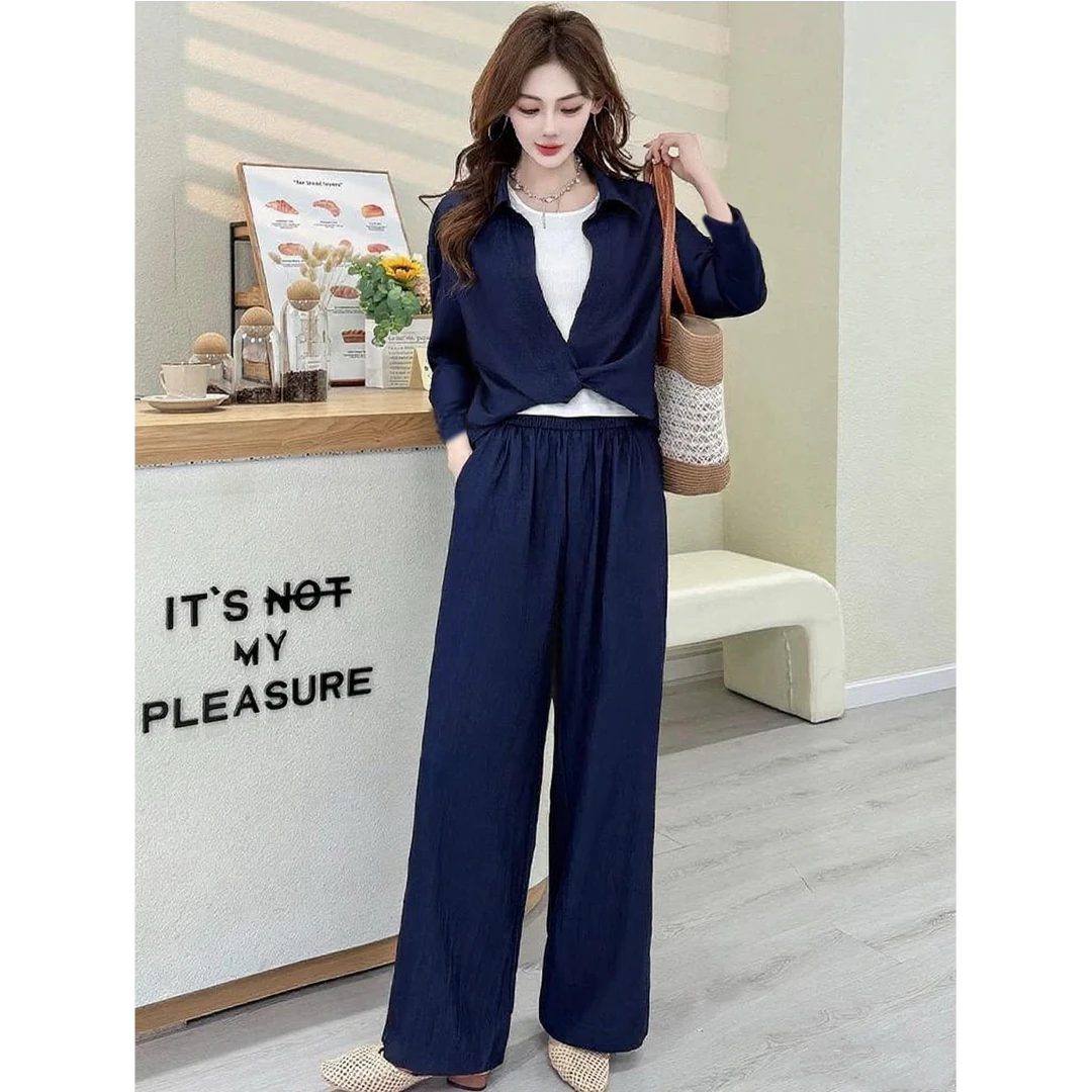 新款时尚气质短袖衬衫背心阔腿裤三件套TA181