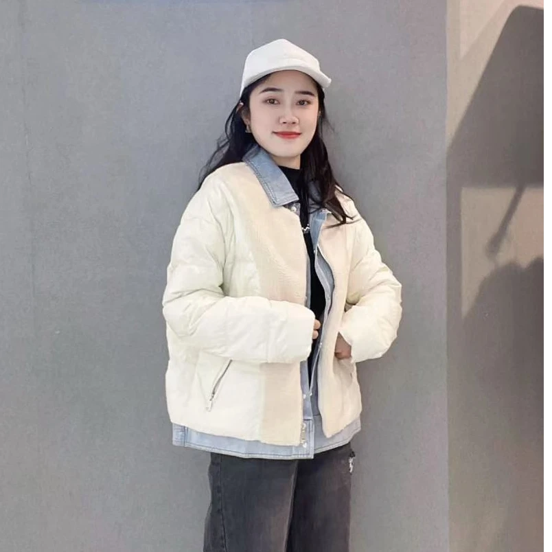 S·DEER圣迪奥女士个性时尚翻领百搭拉链牛仔拼接羽绒服S21462418