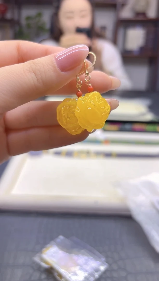 蜜蜡14K金镶嵌耳饰DIY款E480