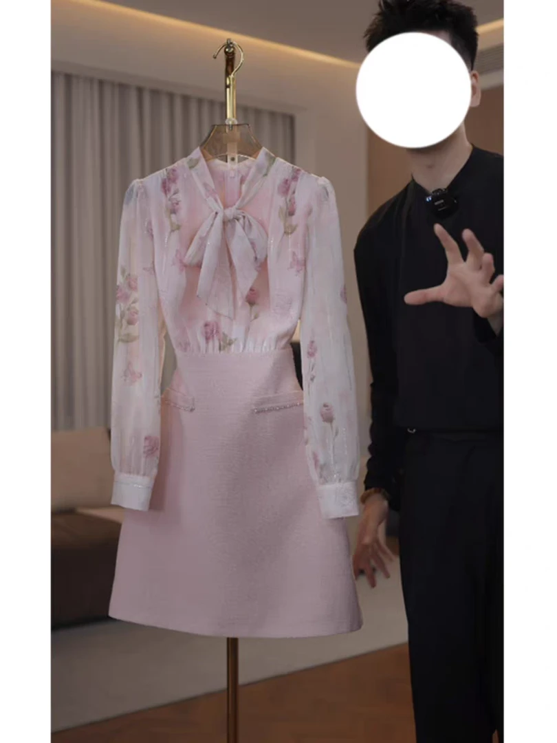 小香风名媛气质衬衫拼接连衣裙女2025早秋新款收腰显瘦短裙高级感