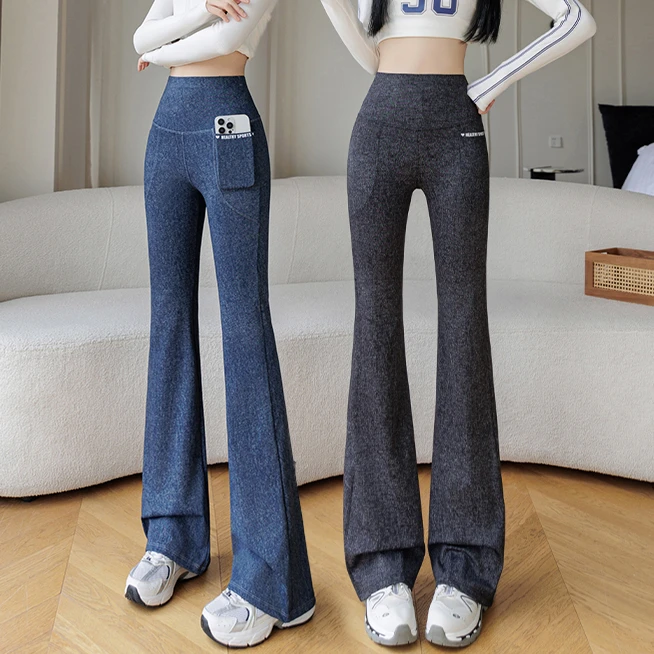 牛仔喇叭裤春秋薄款高腰双口袋鲨鱼微喇裤大码外穿黑金提臀瑜伽裤