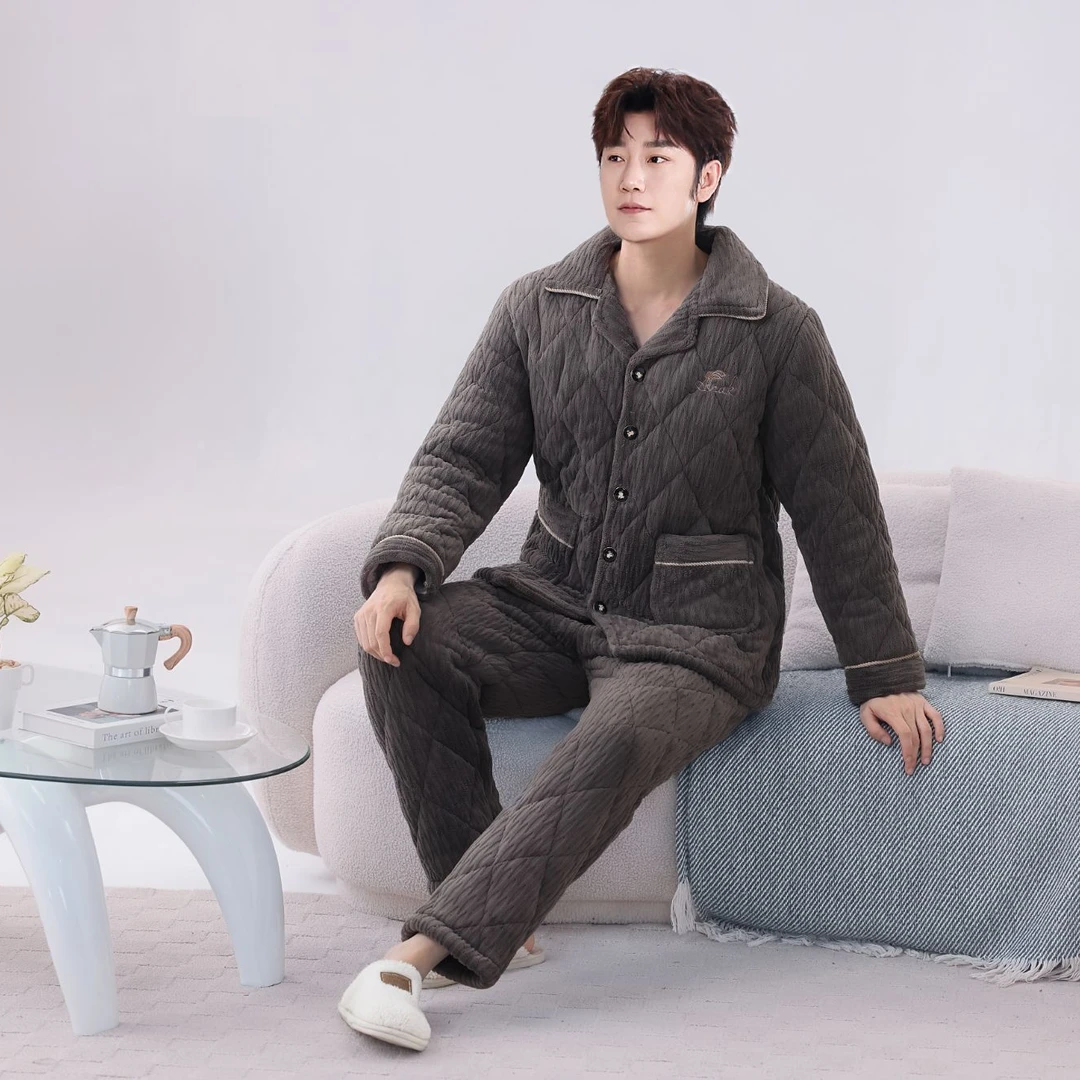 特厚男士加大冬季三层夹棉加绒加厚保暖睡衣家居服套装