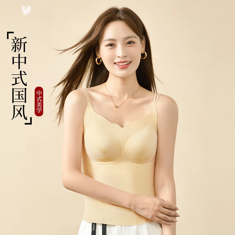 V领印花新中式国风吊带免穿文胸无痕舒适贴身一体式美背3057#