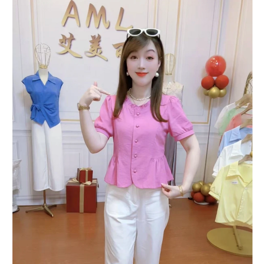 AML5 【花边绮梦】木耳领甜美时尚遮肚显瘦夏季短款减龄百搭衬衫女