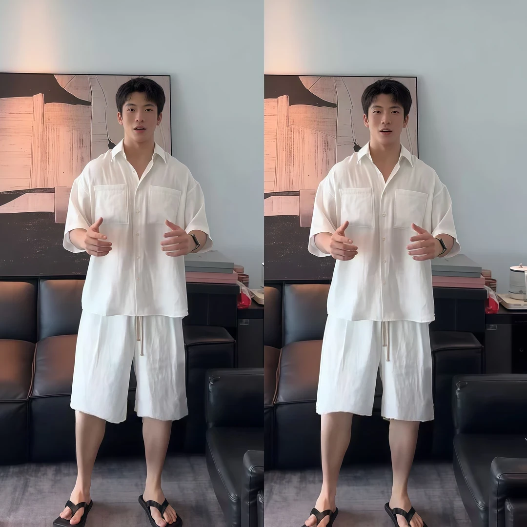 夏季新款老钱风气质潮牌休闲套装男轻奢高档透气衬衫短裤两件套