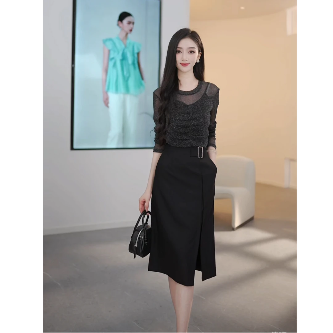 【籽言专属】曼德诗休闲风时尚套装中长款蕾丝多巴胺穿搭上衣