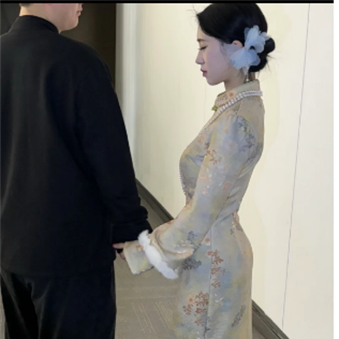 LHMknk1画报夫人原创自制秋冬厚款提花旗袍连衣裙加绒厚款芙蕖