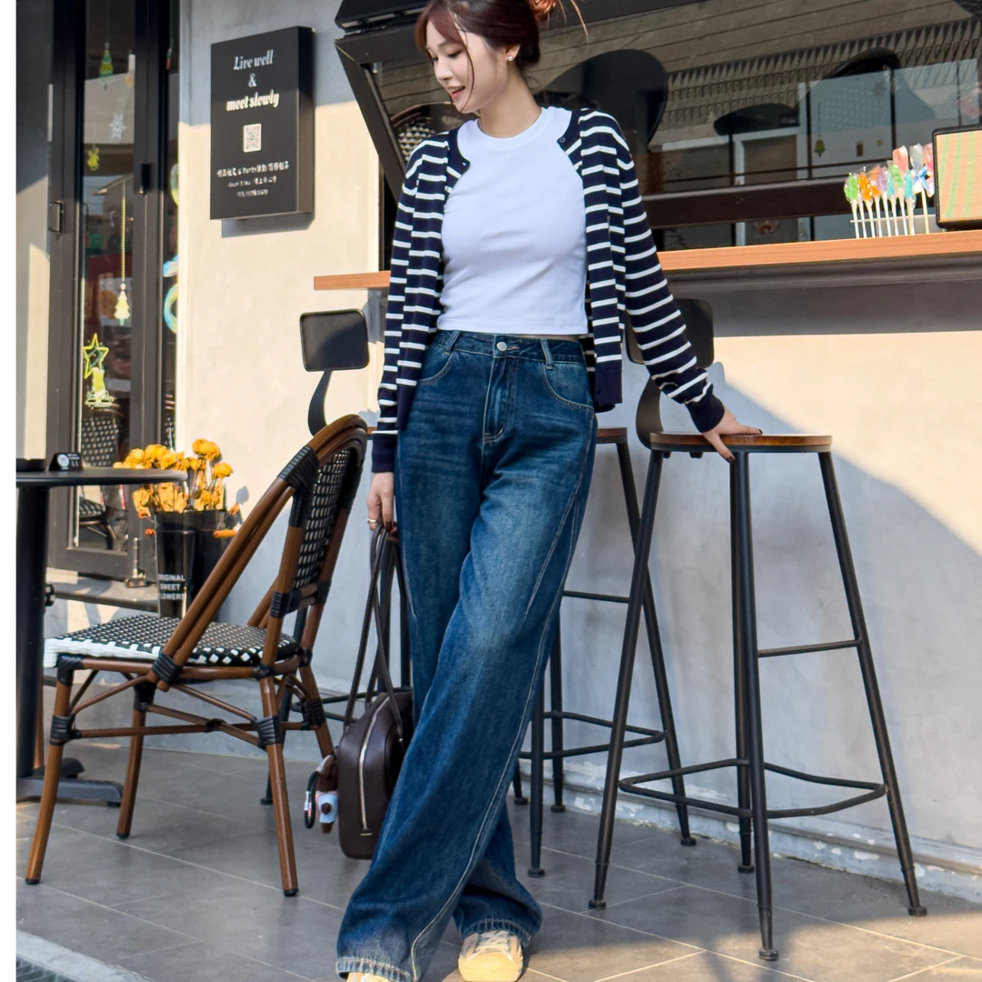 2502秋季上新高腰弯刀裤女长裤显瘦裤子牛仔阔腿裤宽松慵懒风裤子