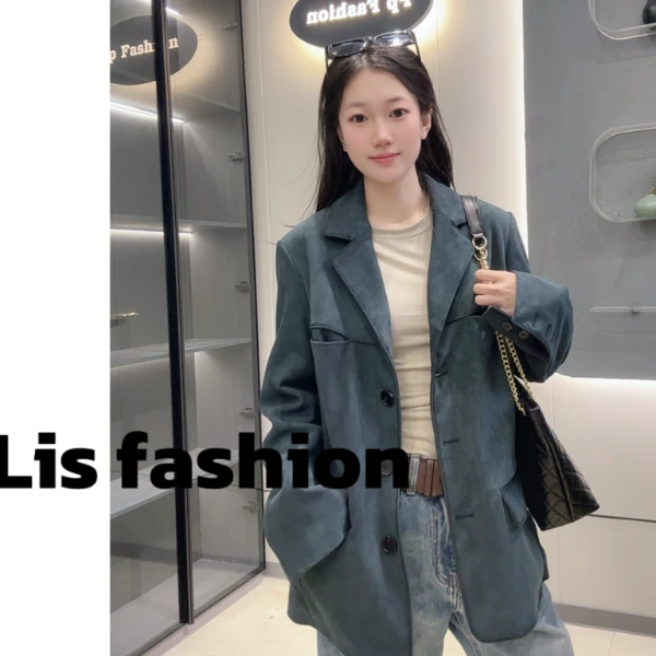 Liss-25新款806藏青色反绒西服羊皮设计真皮时尚休闲皮衣女