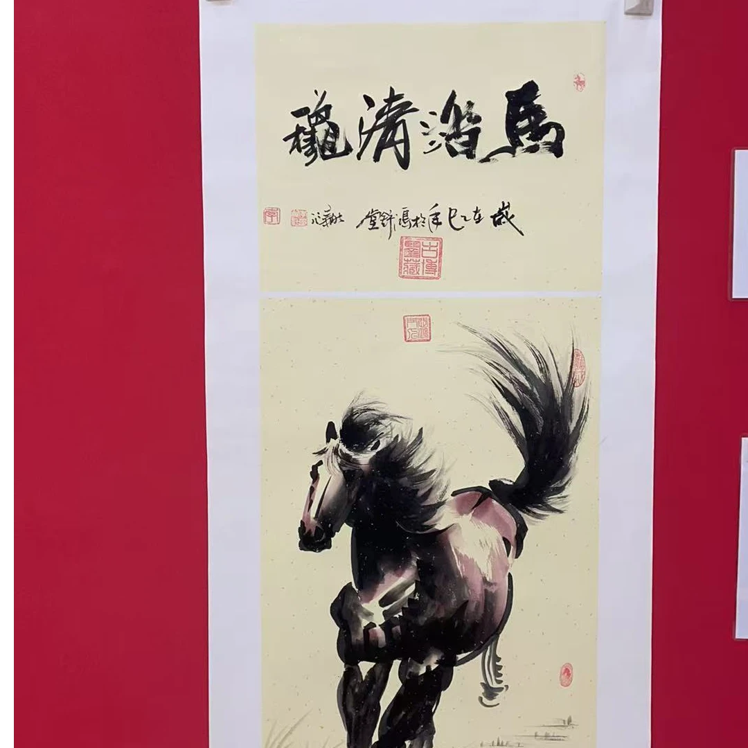 李新社三尺竖幅手绘宣纸马踏清秋-水墨画