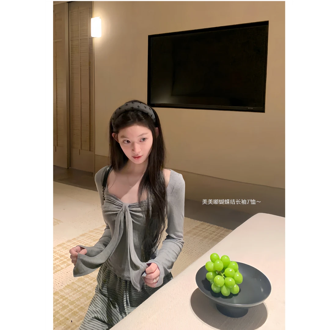 韩系蝴蝶结长袖气质显瘦T恤纯欲修身小众上衣B1676