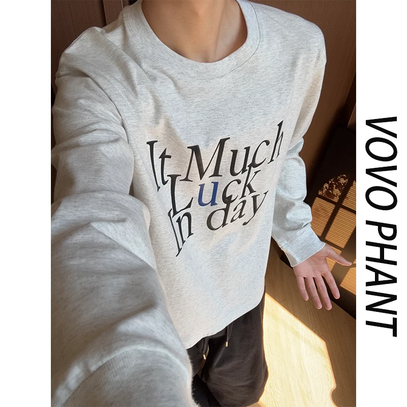 VOVO白花灰字母印花圆领长袖T恤男2025秋季宽松潮流百搭休闲上衣