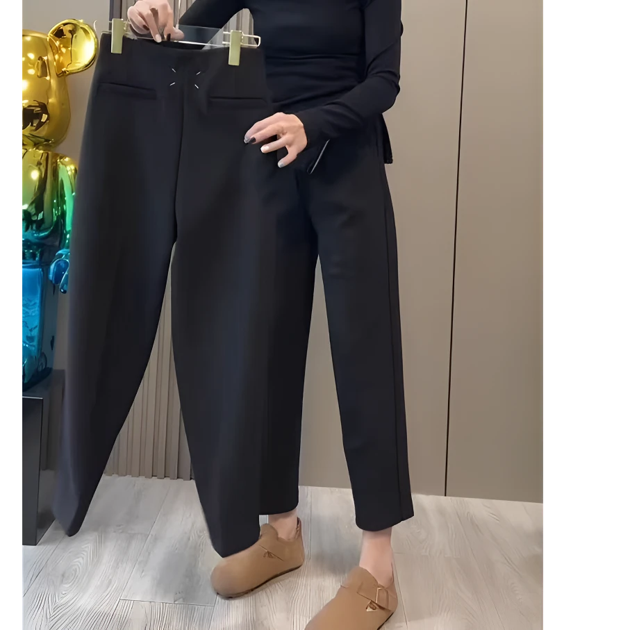 2025春季新款时尚百搭黑色高腰九分直筒显瘦弹力休闲裤垂感女6837