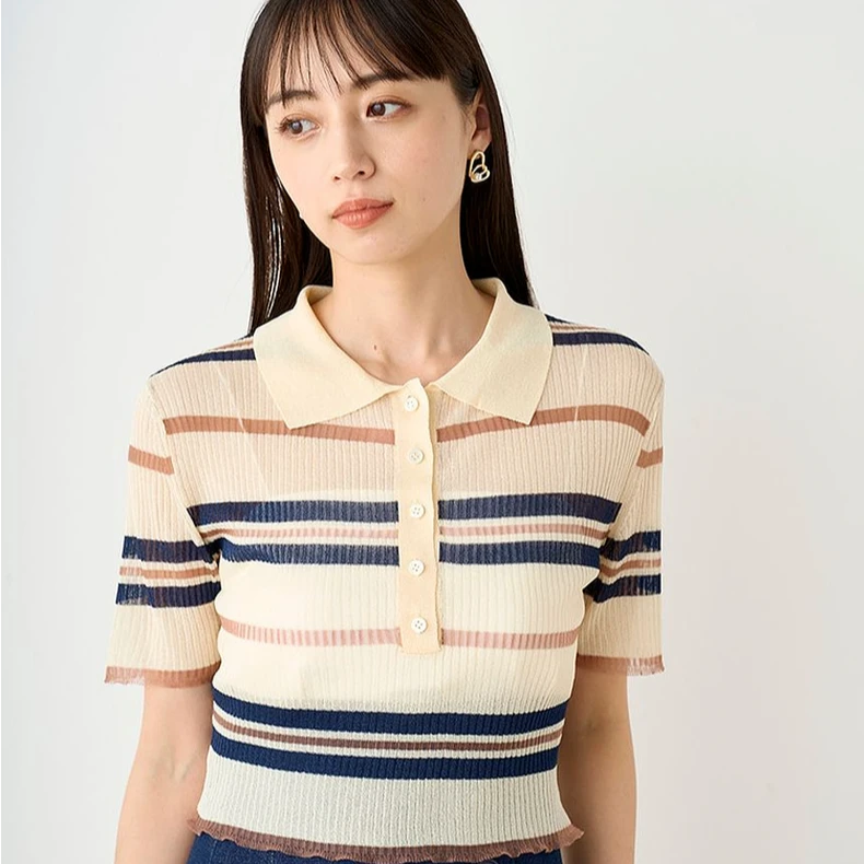 SNIDEL时髦简约条纹翻领纽扣短袖针织上衣SWNT244194