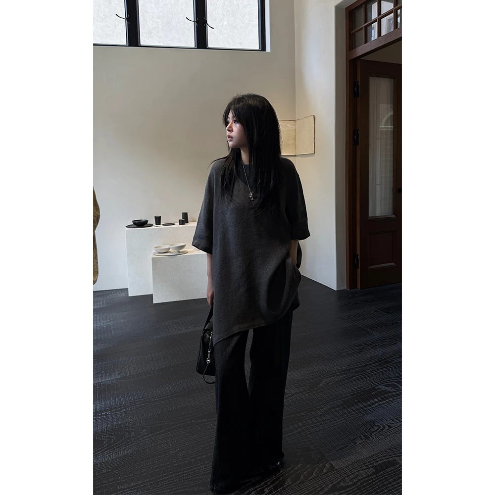 LA CALLA砂洗麻T棉麻圆领T恤OY-M-5472