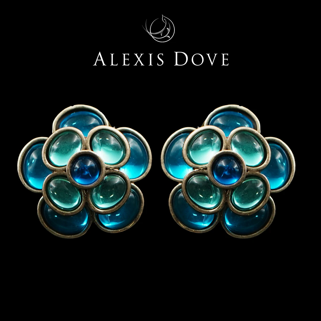 铜合金合成锆石耳饰 时尚多层立体蓝色花朵耳钉【乐亿】