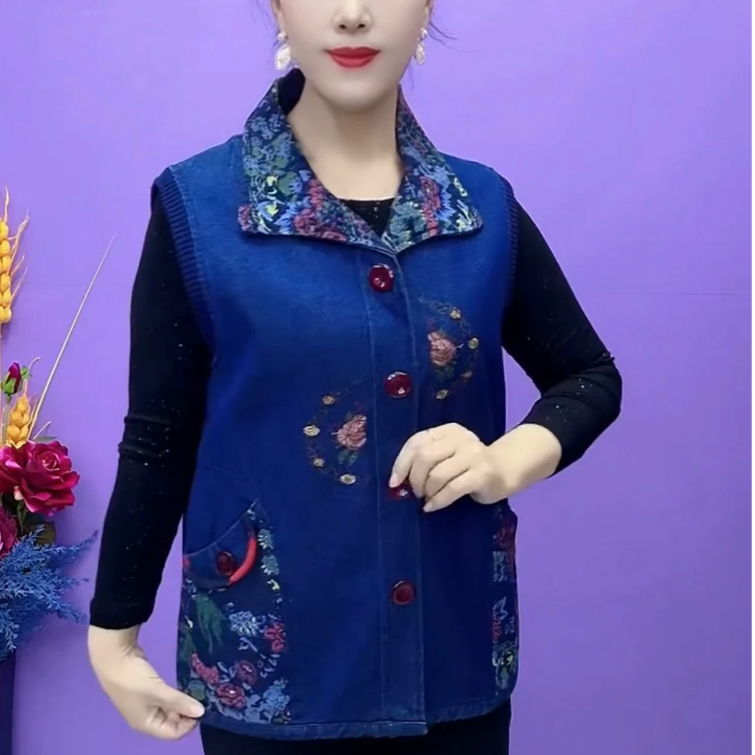 春季新款时尚大码休闲牛仔马夹洋气印花妈妈装