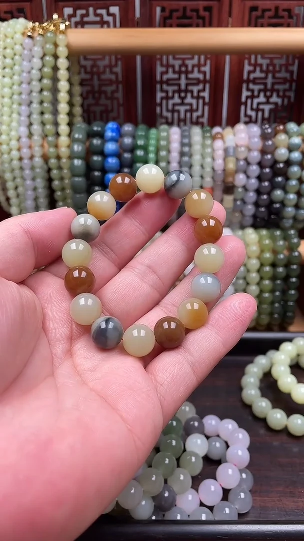 未镶嵌手串和田玉楼兰三色多宝卡十二圆珠单圈手串