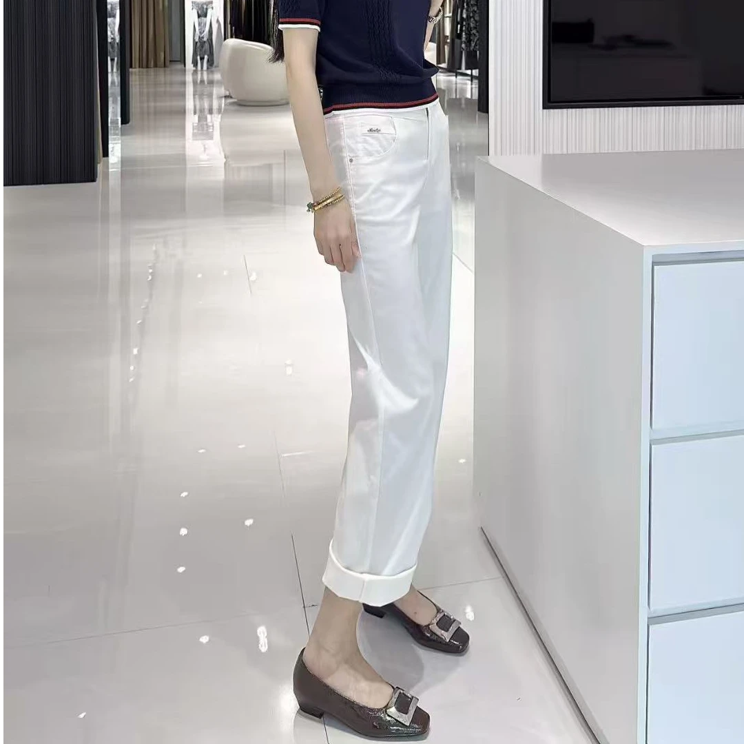 思慕缇夏季白色牛仔裤高腰裤