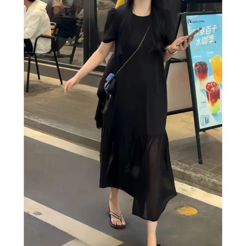 2025秋季新款大码女装时尚百搭复古T恤裙气质黑色拼接百搭连衣裙