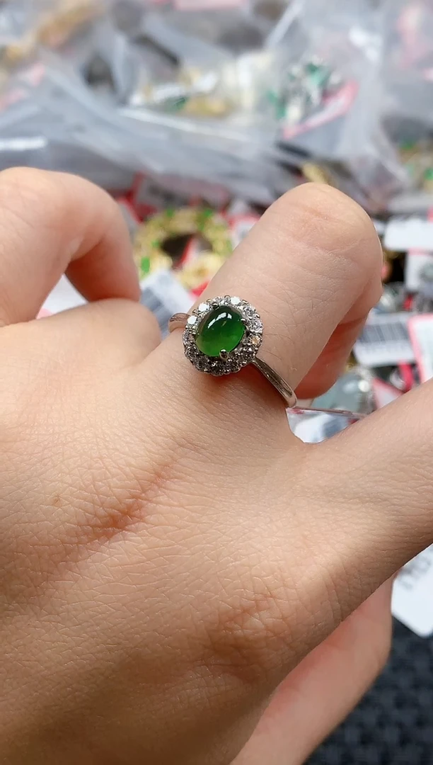 银S925镶嵌戒指翡翠天然A货缅甸翡翠