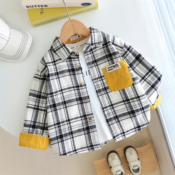 2025秋装新品男童长袖衬衫儿童衬衣磨毛格子宝宝上衣春秋外套童装