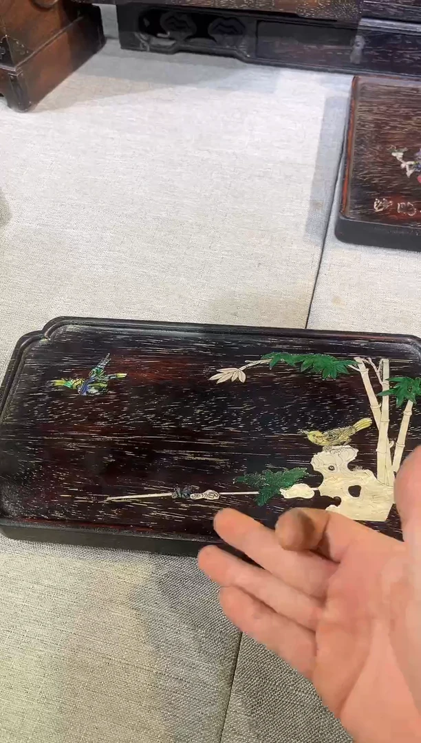 木紫檀镶嵌竹子鸟茶盘