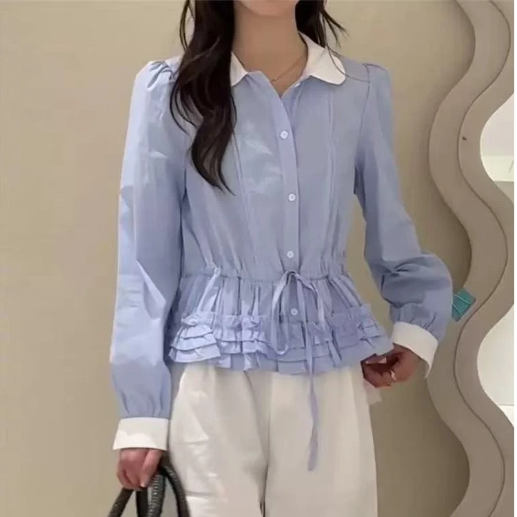 韩系早春条纹撞色娃娃领衬衫衬衣木耳边下摆小衫可爱女时尚T857